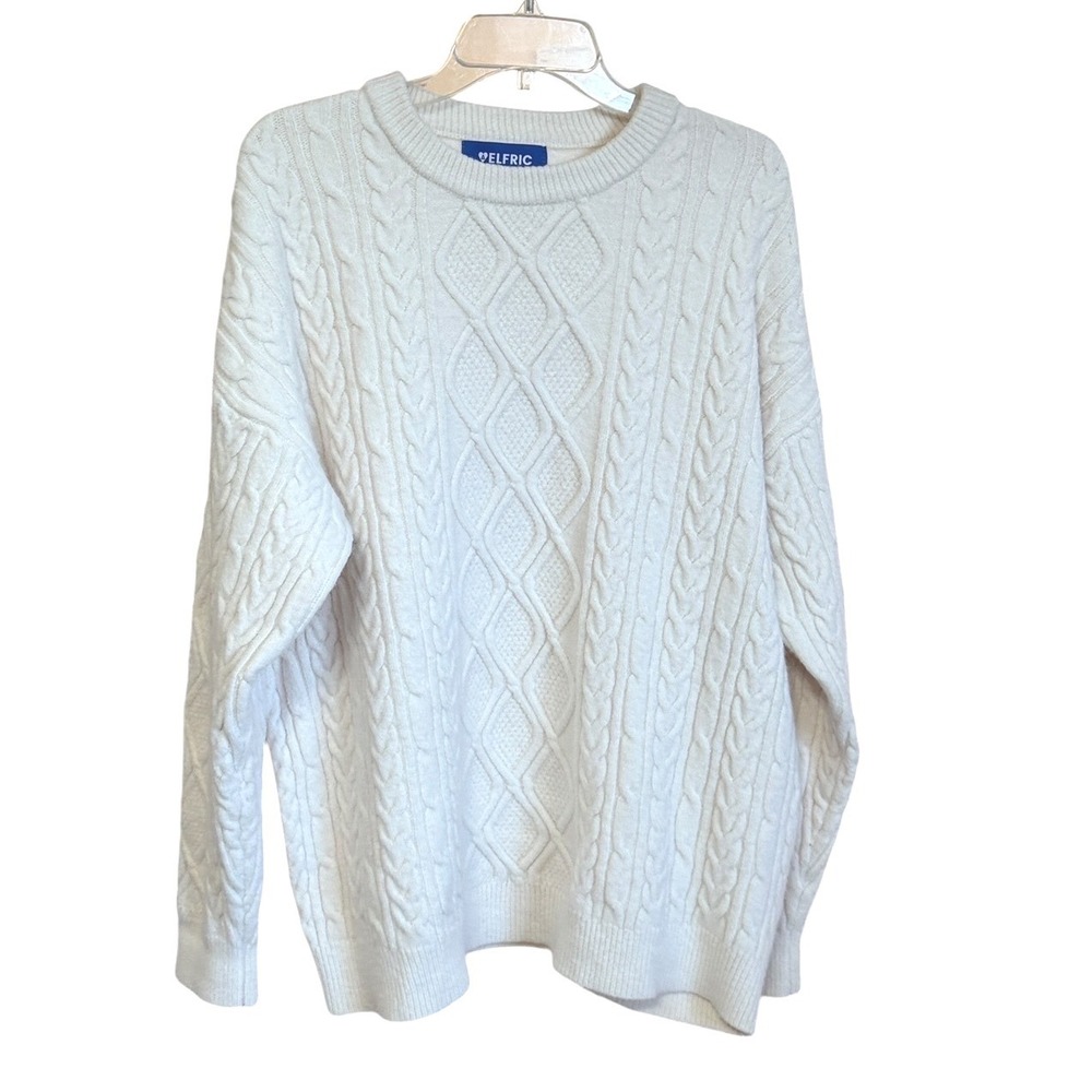Aelfric Eden Mens XL Cable Knit Sweater Cream White Oversized Crew Neck Pullover